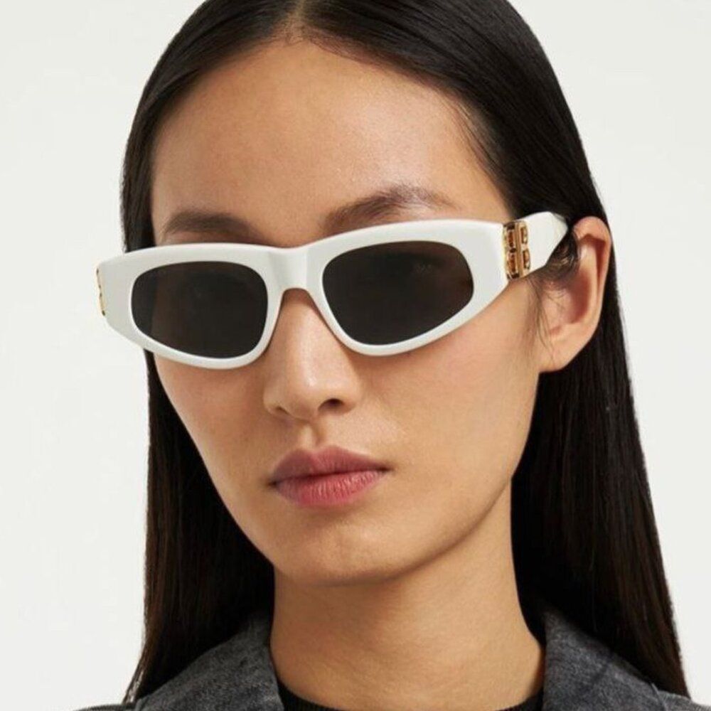 Sale! New Balenciaga Bb0095s 012 White Gold Logo Grey Cat Eye Unisex Sunglasses